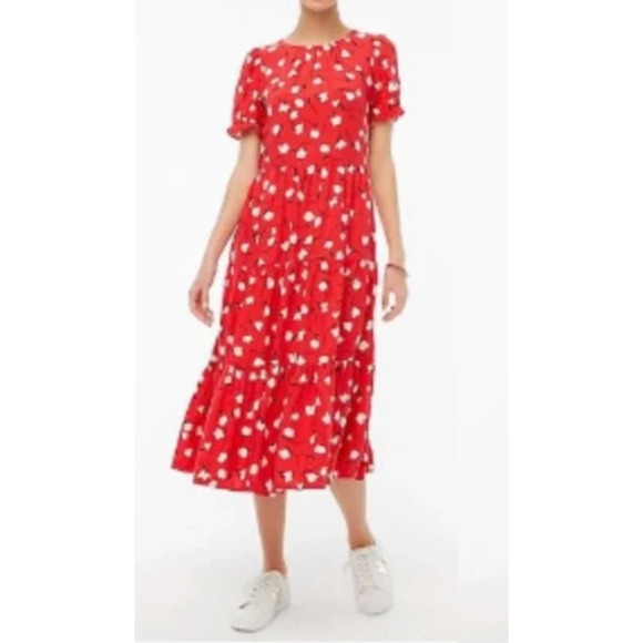 J. Crew Dresses & Skirts - J. Crew Floral Puff-Sleeve Tiered Midi Dress Red BF865 Size L